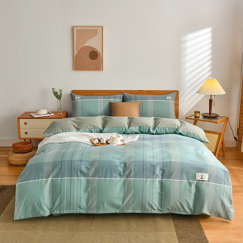 Rynx | 100% Cotton Duvet Cover Set with Pillowcase Japanese Style Grid Duvet Cover 220x240 Duvet Cover Set King Size
