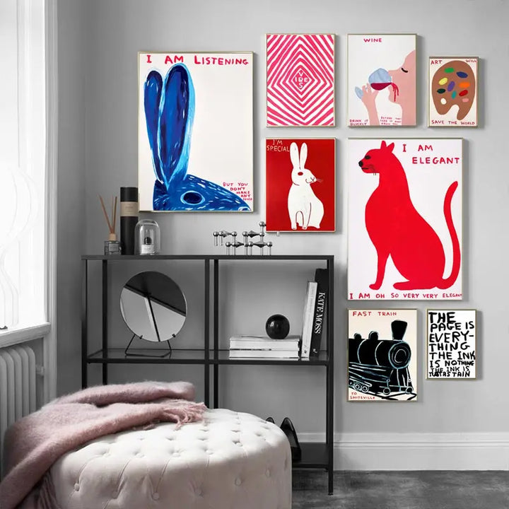 Lisslune | David Shrigley Rabbit Cat Wine Biscuit Train Wall Art Abstract Prints Canvas Painting Nordic Poster Pictures Living Room Decor