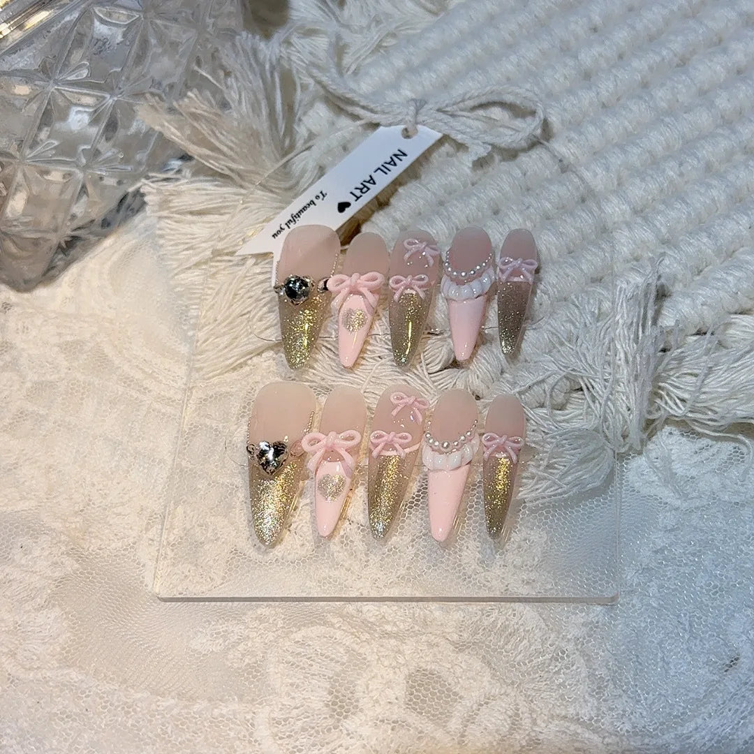 Rynx | 10 Pieces Pink Bow Artificial Nails Glitter Powder Decor Sweet French Stick-on Nails for Women Girls Portable Handmade Korean Artificial Nail Tips