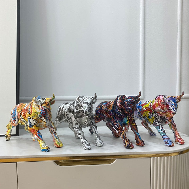 Lisslune | Graffiti-Painting Resin Bull Figures Home Living Room Bedroom Office Desktop Feng Shui Ornaments Collection Statues