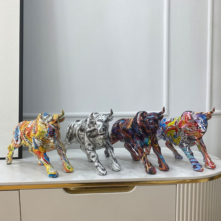 Lisslune | Graffiti-Painting Resin Bull Figures Home Living Room Bedroom Office Desktop Feng Shui Ornaments Collection Statues
