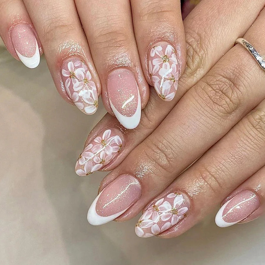 Rynx | 24 Piece Square Press-on Nails Set with Pink Flower Patterns Full Coverage Acrylic Nail Tips Glue for Stylish Women/Girls
