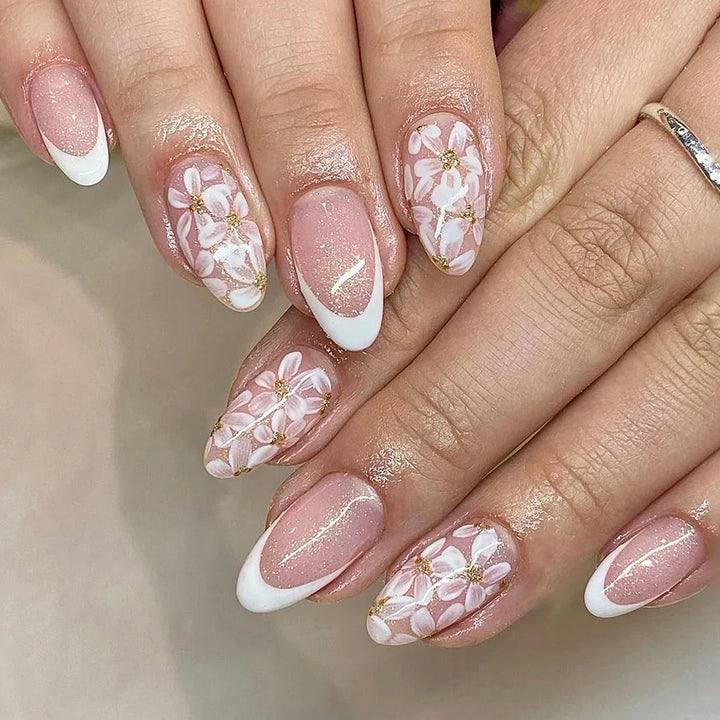 Rynx | 24 Piece Square Press-on Nails Set with Pink Flower Patterns Full Coverage Acrylic Nail Tips Glue for Stylish Women/Girls