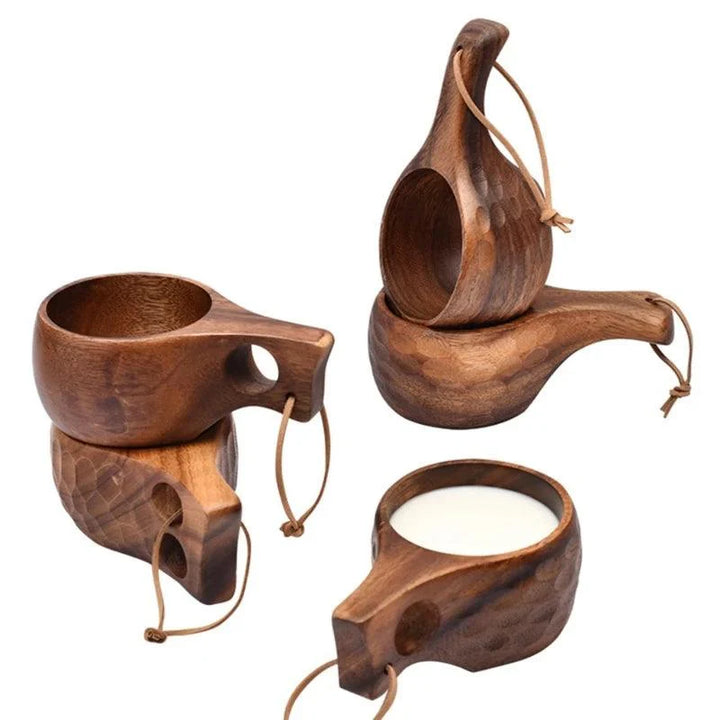 Lisslune | Acacia Wood Finland Kuksa Travel Mug with Handle and Leather Rope Holder - Stylish Drinkware for Coffee, Tea, and Juice