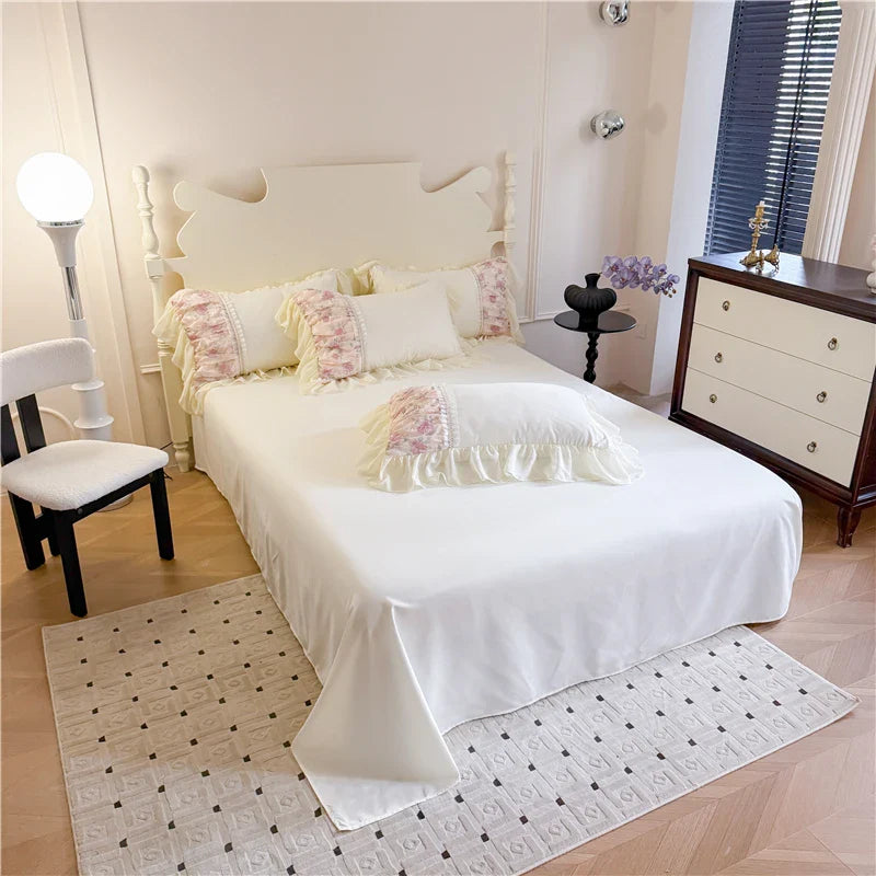 Rynx | Flower Lace Ruffle Princess Wedding Bedding Set Full Queen King Duvet Cover Bed Skirt/Bed Sheet/Fitted Sheet Pillowcases 4 Pieces