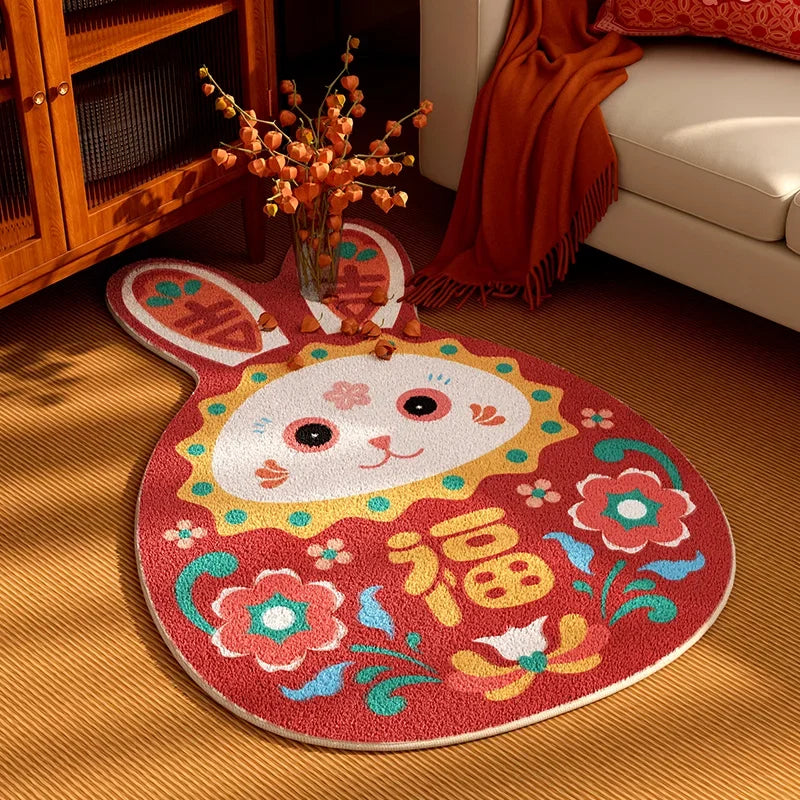 Rynx | Rabbit Bedroom Red Rugs Cute Cartoon Rug Mat Chinese Gift Fluffy Soft Living Room Rugs Apartment Decoration cute gift carpet IG