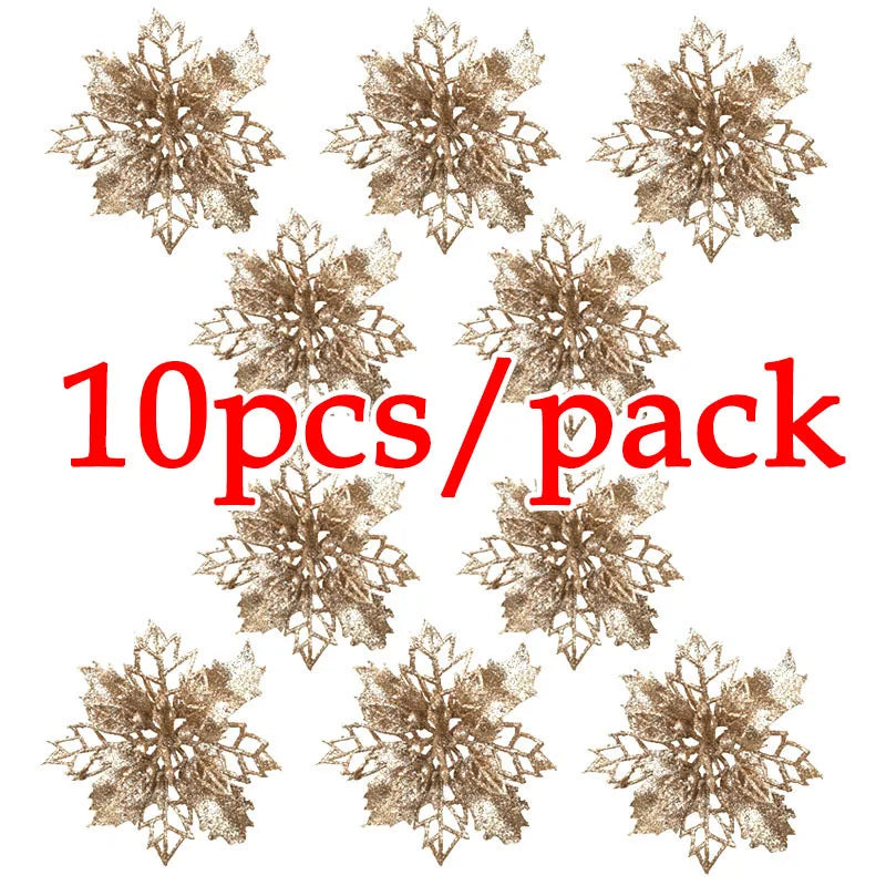 Rynx | (10 pieces) Artificial Christmas Tree Flowers Glitter Decorations Xmas Ornament New Year Gift