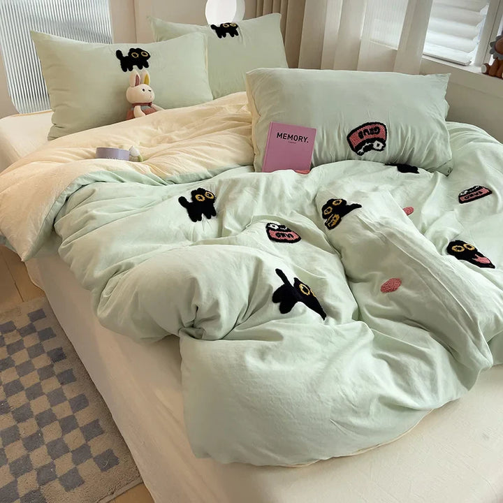 Rynx | Bedding set Super soft washed cotton towel embroidery duvet cover four-piece set - Lucky cat series