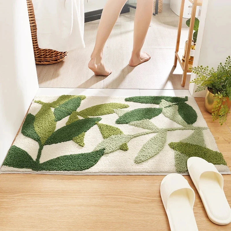Rynx | Leaf Green Flocked Bath Mat Non-Slip Absorbent Microfiber Bathroom Rug Entrance Mat Super Soft Bath Rug Carpet