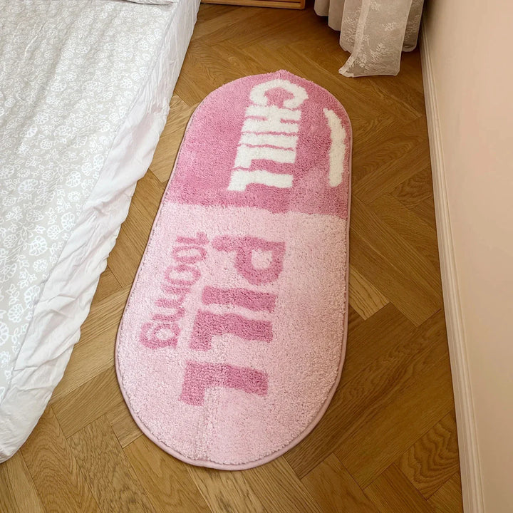Rynx | Pink and Blue Chill Pill Flocking Rug Oval Tufted Rug Bath Mat Door Mat Home Decor Rug Camping Mat Waterproof Non-Slip
