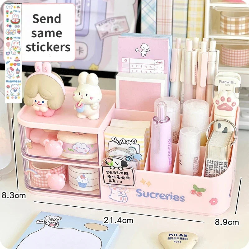 Rynx | Kawaii Desk Organizer Storage Box Cute Bear Handle Drawer Stationery Pen Holder Sticky Notes Tape Storage Box Organizer Shelf