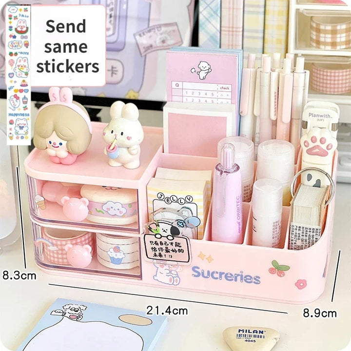 Rynx | Kawaii Desk Organizer Storage Box Cute Bear Handle Drawer Stationery Pen Holder Sticky Notes Tape Storage Box Organizer Shelf