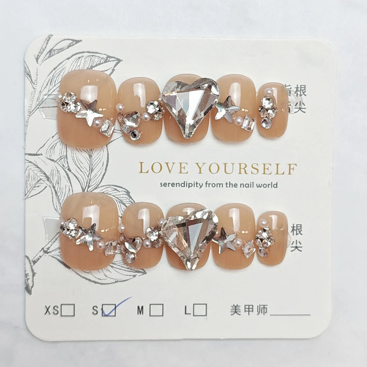 Rynx | 10 pieces Handmade Press-on Nails Shimmering Pink Cat Eye Artificial Nail Tips with Love Diamond Design Portable Korean Short Art Nails