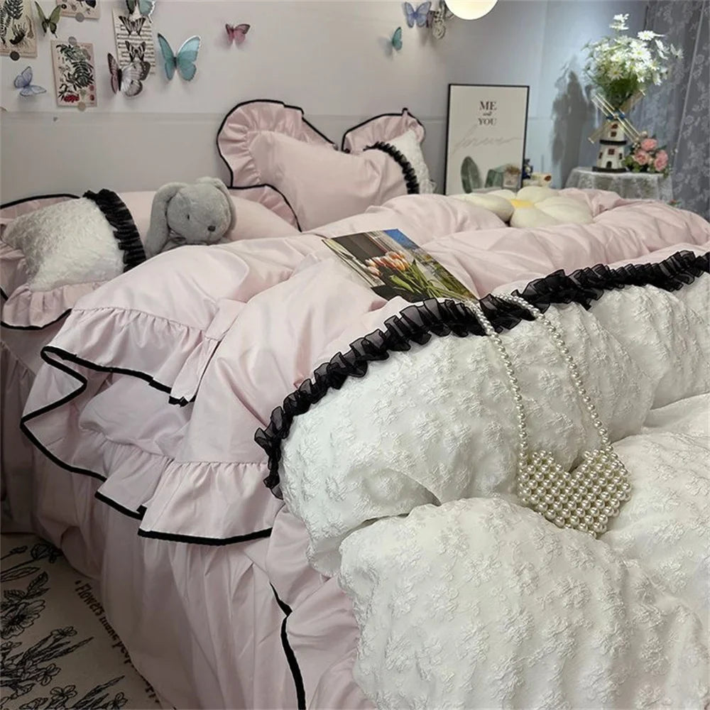 Lisslune | Ins Princess Bettwäsche Set Spitze Rüsche Stickerei Hautfreundliche Bettbezug Set 4PCS Rock Bettlaken Queen Größe Für Mädchen Frauen
