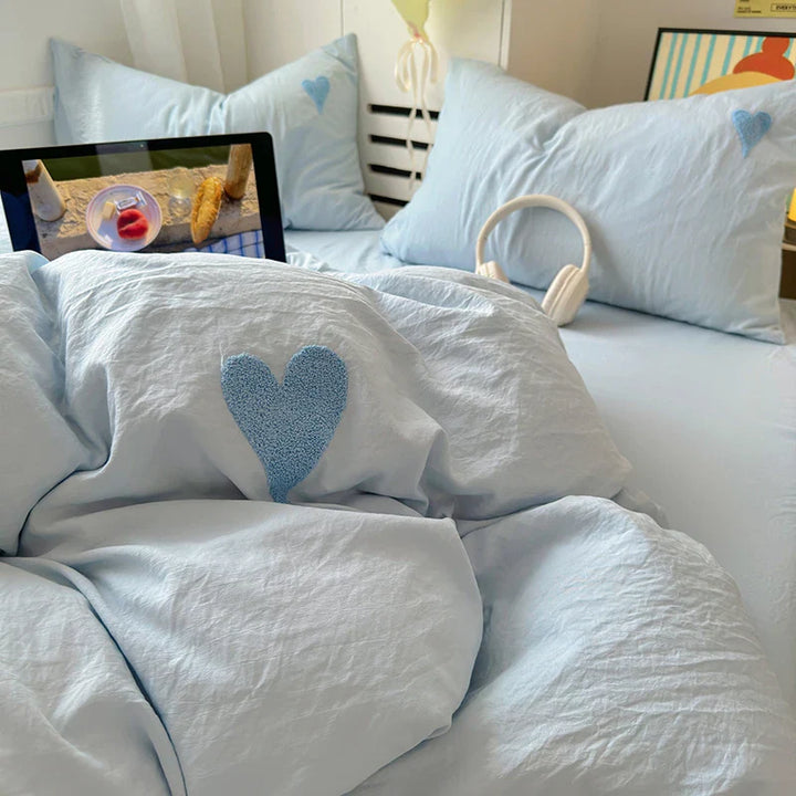 Rynx | Sweet Blue Heart Bedding Set in Nordic Embroidery Bed Sheet Set of Four Pieces for Home Luxurious Duvet Cover Set for Girls