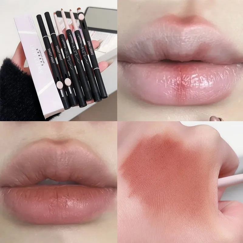 Rynx | Waterproof Lipstick with Brush Dual-Head Matte Lipstick Outline 3D Lip Shape Long-Lasting Non-Stick Cup Nude Lip Makeup