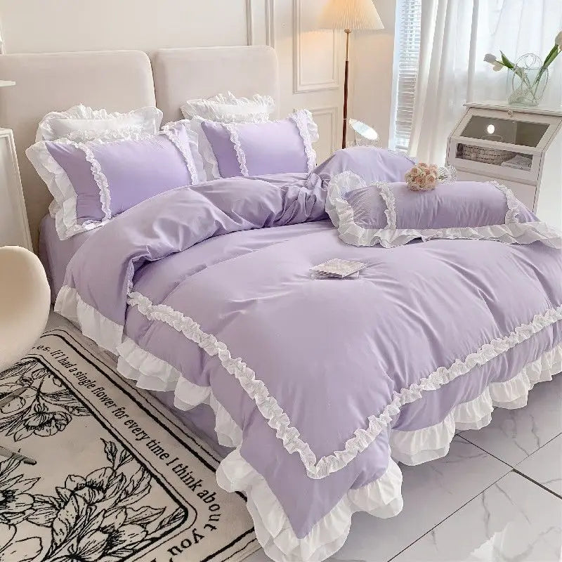 Rynx Elegant Lace Bedding Sets Luxury Bedding Princess Washed Cotton Ruffle Duvet Cover Bed Sheet and Pillowcases for Girls Luxury