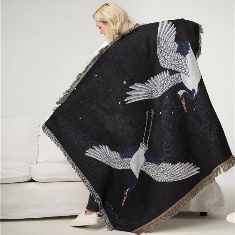 Rynx | Textile City In red crowned crane Retro throw blanket Ukiyo-e auspicious clouds decor wall tapestry heavy quality back support towel