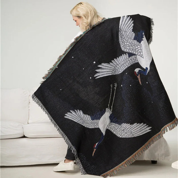Rynx | Textile City In red crowned crane Retro throw blanket Ukiyo-e auspicious clouds decor wall tapestry heavy quality back support towel