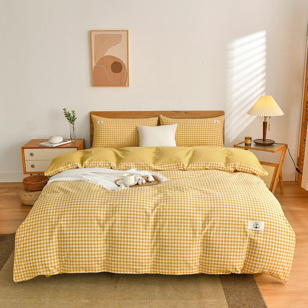 Rynx | 100% Cotton Duvet Cover Set with Pillowcase Japanese Style Grid Duvet Cover 220x240 Duvet Cover Set King Size