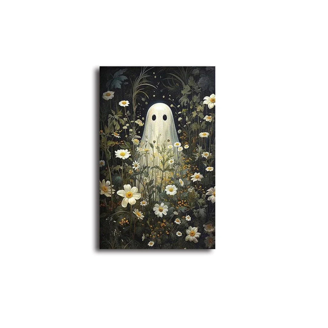 Rynx | Retro Sweet Ghost Companion & Reads Book Canvas Prints Monster Holds Black Cat Wall Art Poster for Living Room Halloween Decor