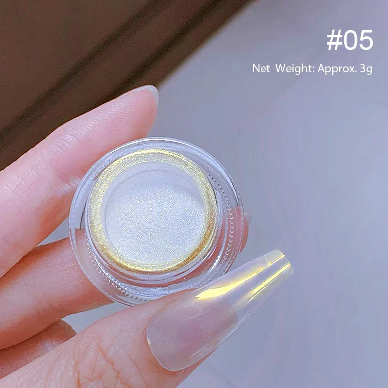 Rynx | Aurora Pearl White Nails Glitter Dust Chrome Gradient Rubbing on Powder Mirror Reflective Magnetic Pigment Nail Art Decorations