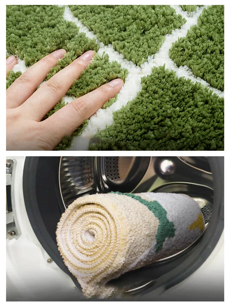 Rynx | Green Leaf Shape Palm Tree Tufted Carpet Soft Plush Rug Doormat Nightstand Rug Room Decoration Non-Slip Absorbent Bathroom Mat