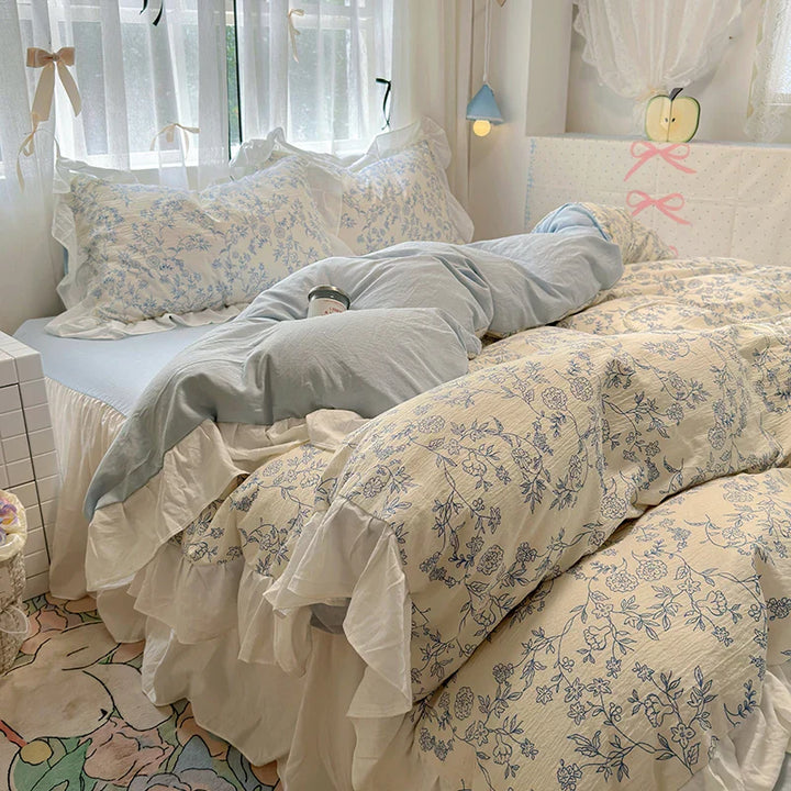 Rynx | Korean Style Flower Bedding Set 2024 New Washed Cotton 4-piece Bed Sheet Set Duvet Cover Set for Girls Bedding Decor Home
