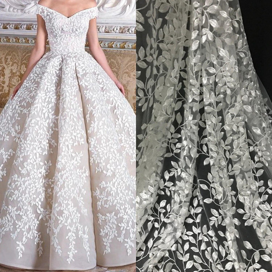 Lisslune | Luxurious Leaf Lace Fabric for Beautiful Wedding Dresses - 135cm Width, Available per Meter
