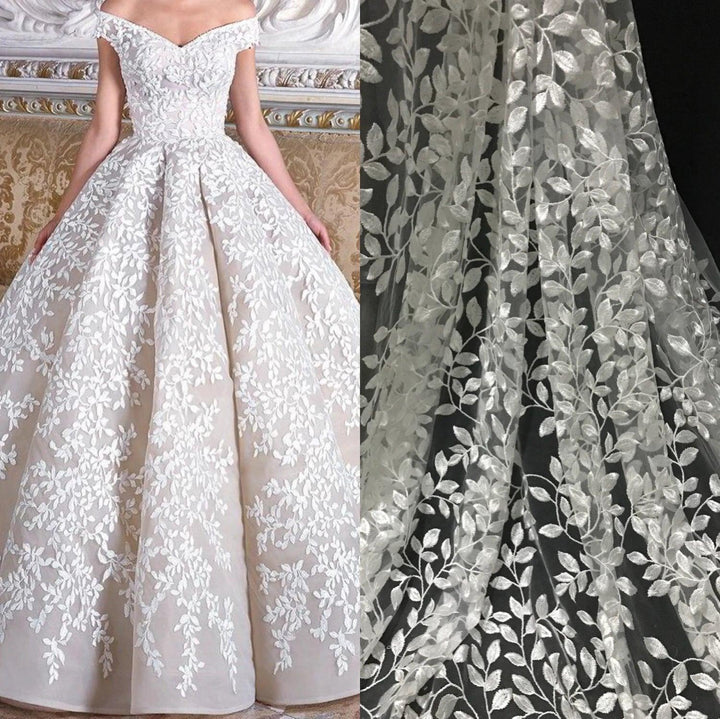 Lisslune | Luxurious Leaf Lace Fabric for Beautiful Wedding Dresses - 135cm Width, Available per Meter