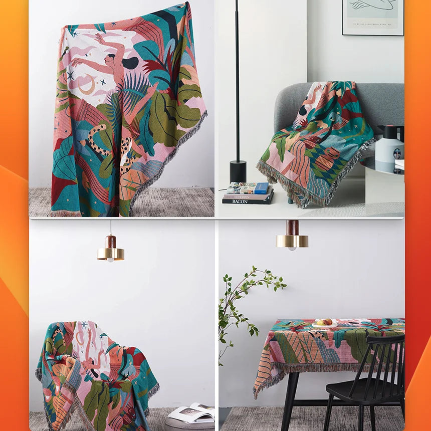 Rynx | Textile City Forest Dancer Throw Blanket Two-Sided Sofa Covers Trend Tassel Jungle Leaves In Home Decorative Tapestry 160x260cm