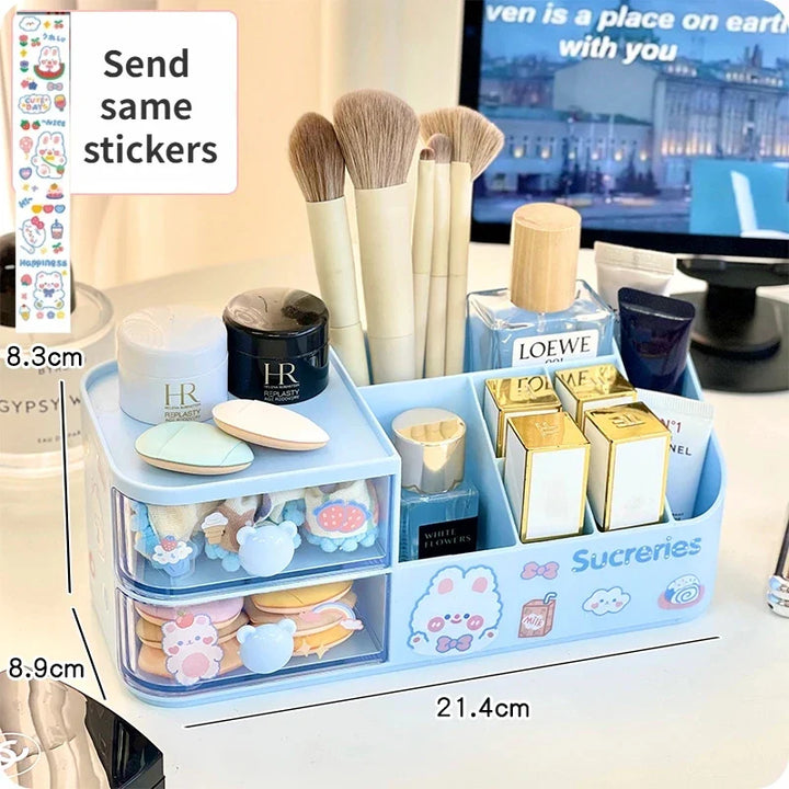 Rynx | Kawaii Desk Organizer Storage Box Cute Bear Handle Drawer Stationery Pen Holder Sticky Notes Tape Storage Box Organizer Shelf
