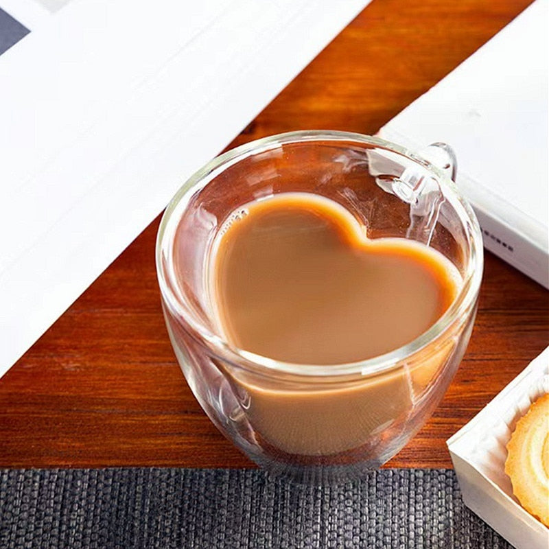 Lisslune | Heart Love Shape Glass Mug Double-Walled Coffee Cups Insulated Tea Milk Lemon Juice Water Cup Heat-Resistant Drinkware Lover Gift