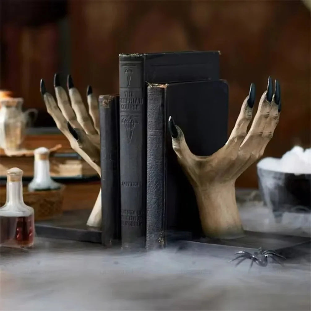 Rynx | Halloween Manual Stand Resin Statue Bookshelf Scary Party Table Decoration Witch Book Holder Bookshelf Bedroom Desk