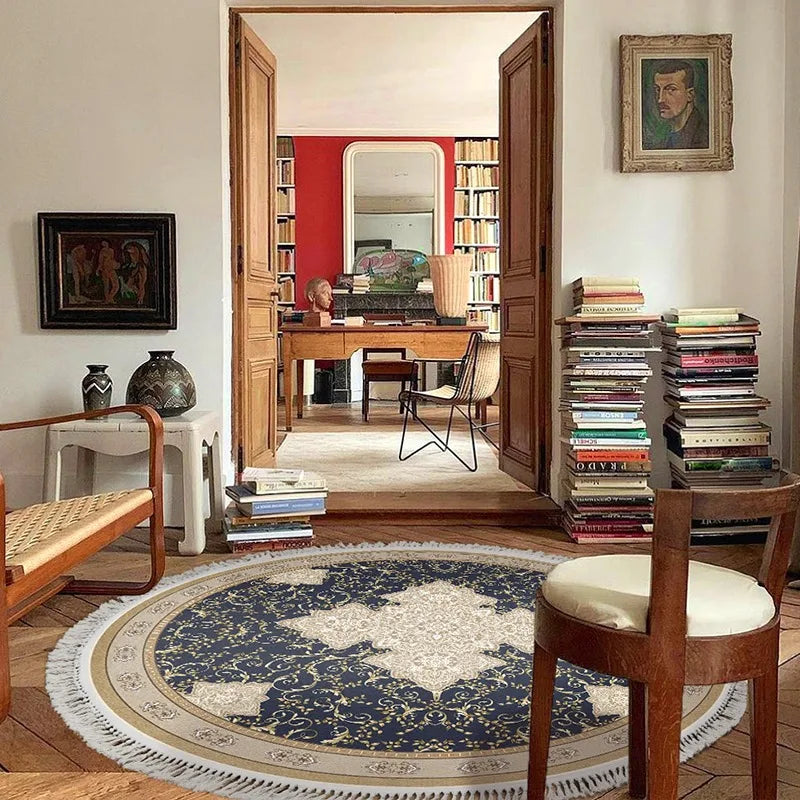 Rynx | French Retro Living Room Round Fringe Carpet Ethnic Style Bedroom Carpet Luxury Art Home Carpet Floral Geometric Plush Rugs Wallpaper
