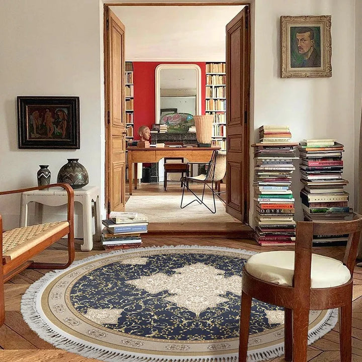Rynx | French Retro Living Room Round Fringe Carpet Ethnic Style Bedroom Carpet Luxury Art Home Carpet Floral Geometric Plush Rugs Wallpaper