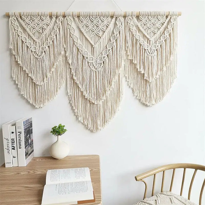 Rynx | Hand-knotted macrame tassel pendant wall hanging wall tapestry with wooden rod Hand-knotted Bohemia tassel curtain rug