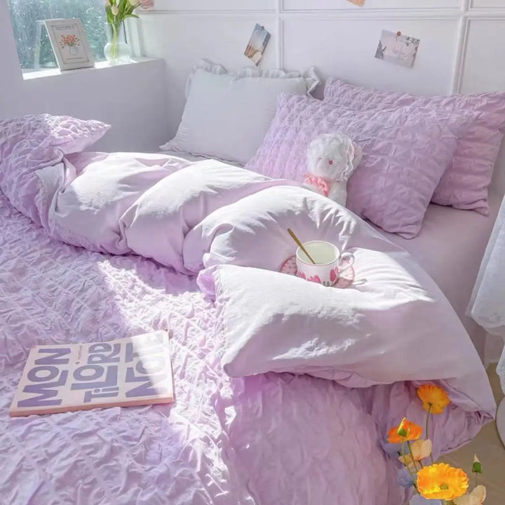 Rynx | Princess Bedding Set French Style Wash Cotton Uni Seersucker Summer Soft 2024 New Bed Sheet Set Blanket Set