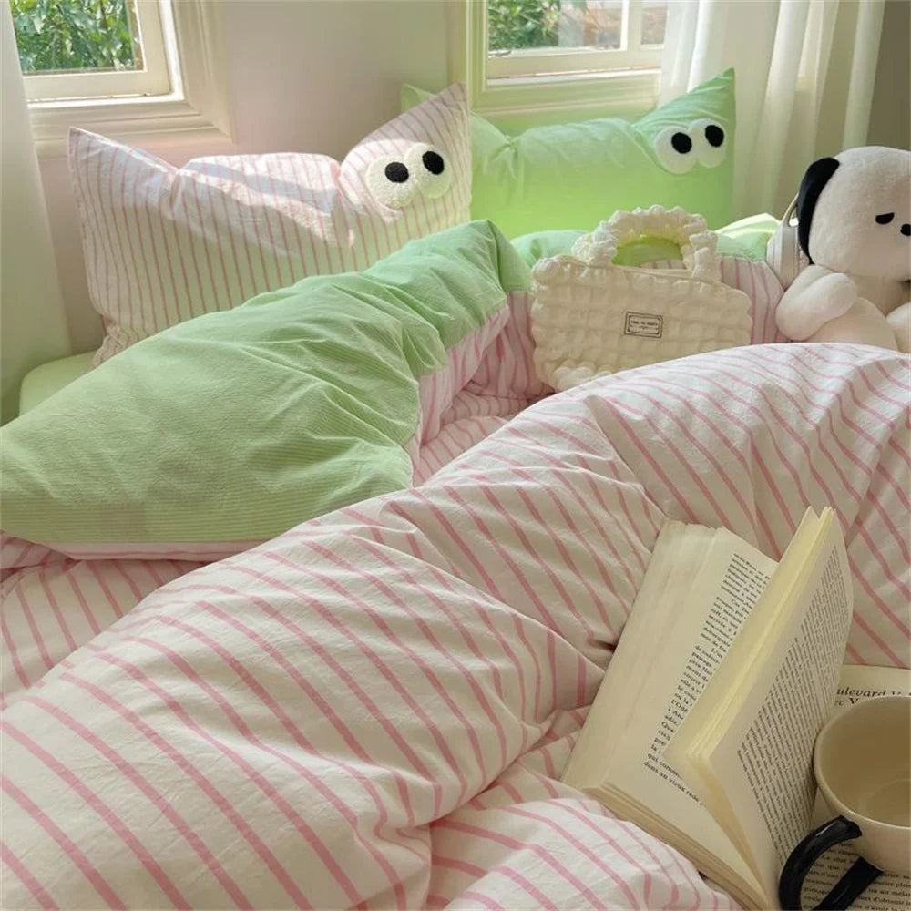 Rynx | INS Striped Bedding Set Simple Soft Duvet Cover Sheet Pillowcase Solid Color Bedding for Adults Girls Twin-Queen Size