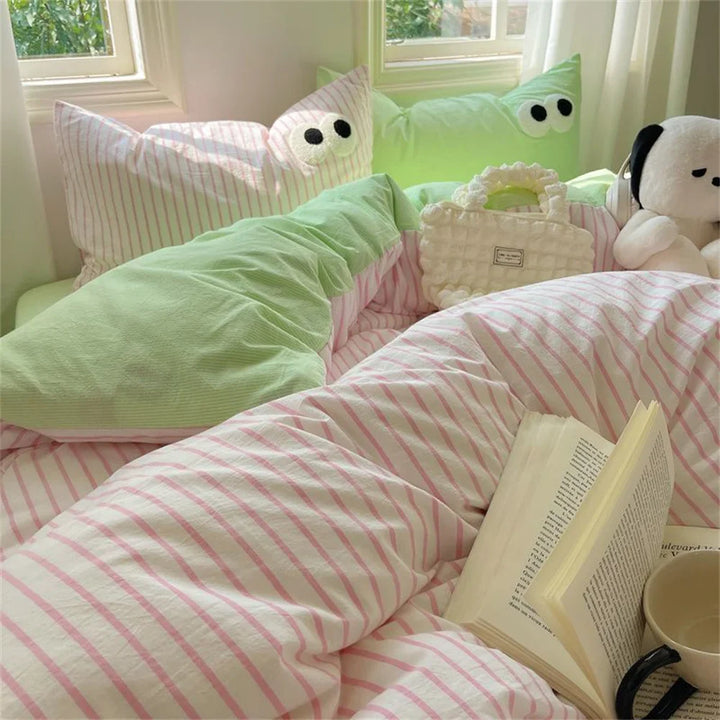 Rynx | INS Striped Bedding Set Simple Soft Duvet Cover Sheet Pillowcase Solid Color Bedding for Adults Girls Twin-Queen Size