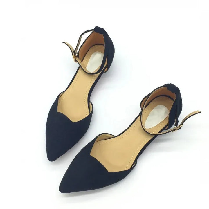 Lisslune | Women's Buckle Straps Low Heels Pumps Pointed Toe Flock D'Orsay Heels Shoes Single Shoe Blue