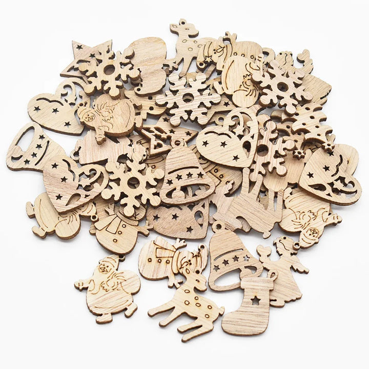 Rynx 50 pieces Christmas natural wood chips Santa snowflake Christmas tree hanging ornaments pendants Christmas decoration DIY craft