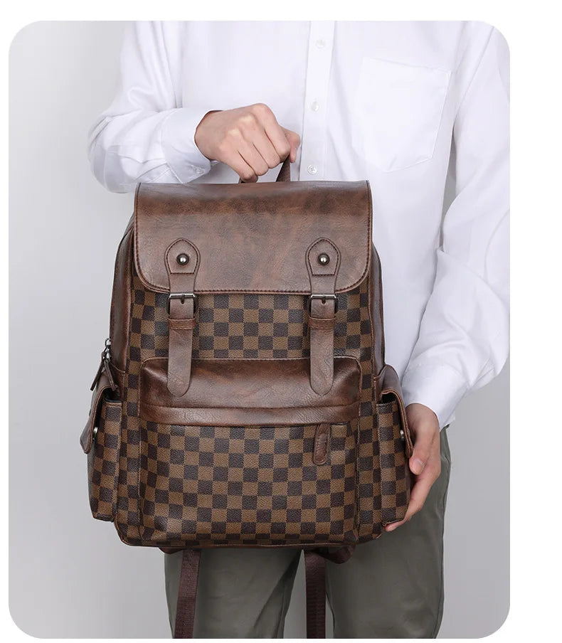 Lisslune | Trendy Checkered Business Versatile Men's Backpack Travel Large Capacity Luxury Brand Design Backpack Men PU Leather School Backpack