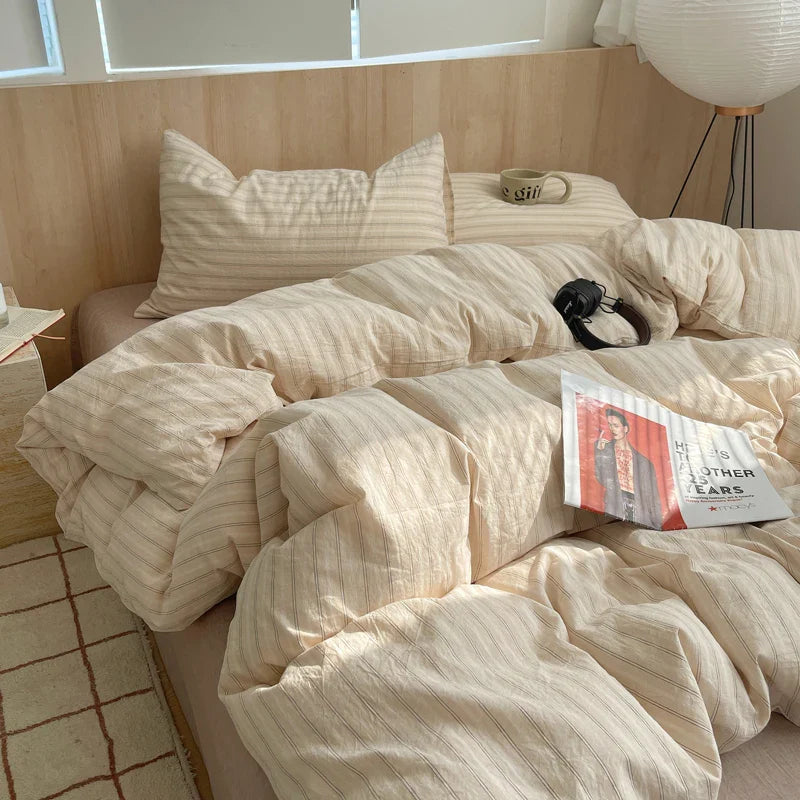 Rynx | 100% Cotton Soft Bedding Set Striped Print Duvet Cover with Pillowcase Bedding Bedspread Pillowcases Duvet Sets