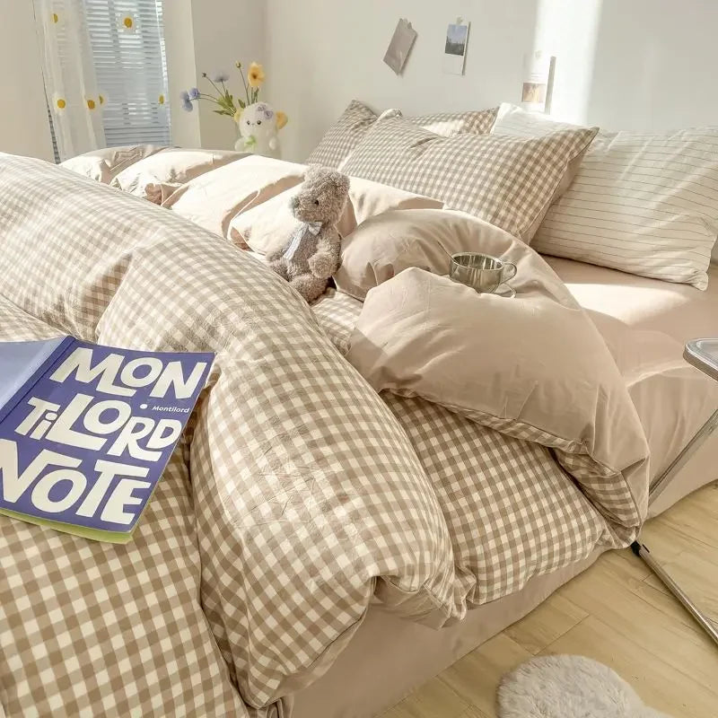 Rynx INS Checkered Bedding Set Pink Green Bedding Nordic Duvet Cover Pillowcase Queen Size Fitted Sheet Adult Children Bedding
