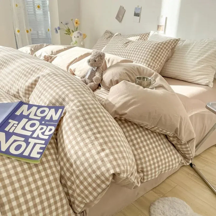 Rynx INS Checkered Bedding Set Pink Green Bedding Nordic Duvet Cover Pillowcase Queen Size Fitted Sheet Adult Children Bedding
