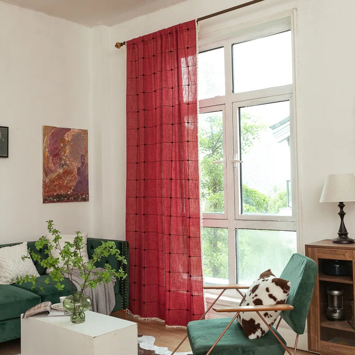 Rynx Cotton Linen Square Curtains Road Pocket Shade Curtain Tassel for Kitchen Bedroom Living Room Bay Window Cabinet Curtain
