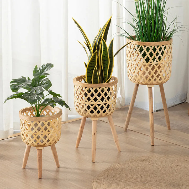 Lisslune | Handcrafted Bamboo Woven Flower Pot with Stand Plant Flower Display Storage Stand DIY Storage Children's Plant Pots Home Decor