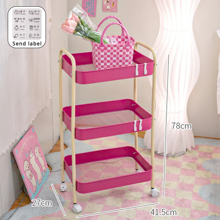 Rynx | 3-layer contrast color trolley storage shelf Multi-layer movable trolley Cosmetics Snack storage shelf Bathroom Mobile shelf Home