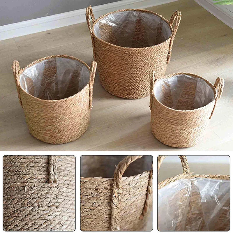 Lisslune | Nordic Extra Large Straw Flower Pot Seaweed Storage Basket Potted Green Plant Flower Basket Hand Woven Floor Indoor Flower Pot